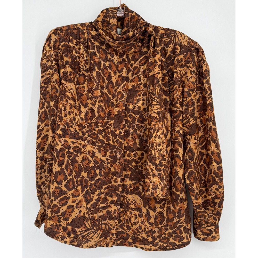 Lord‎ & Taylor Vintage Womens Leopard Print Tie Neck Blouse Brown Tan Sz 10